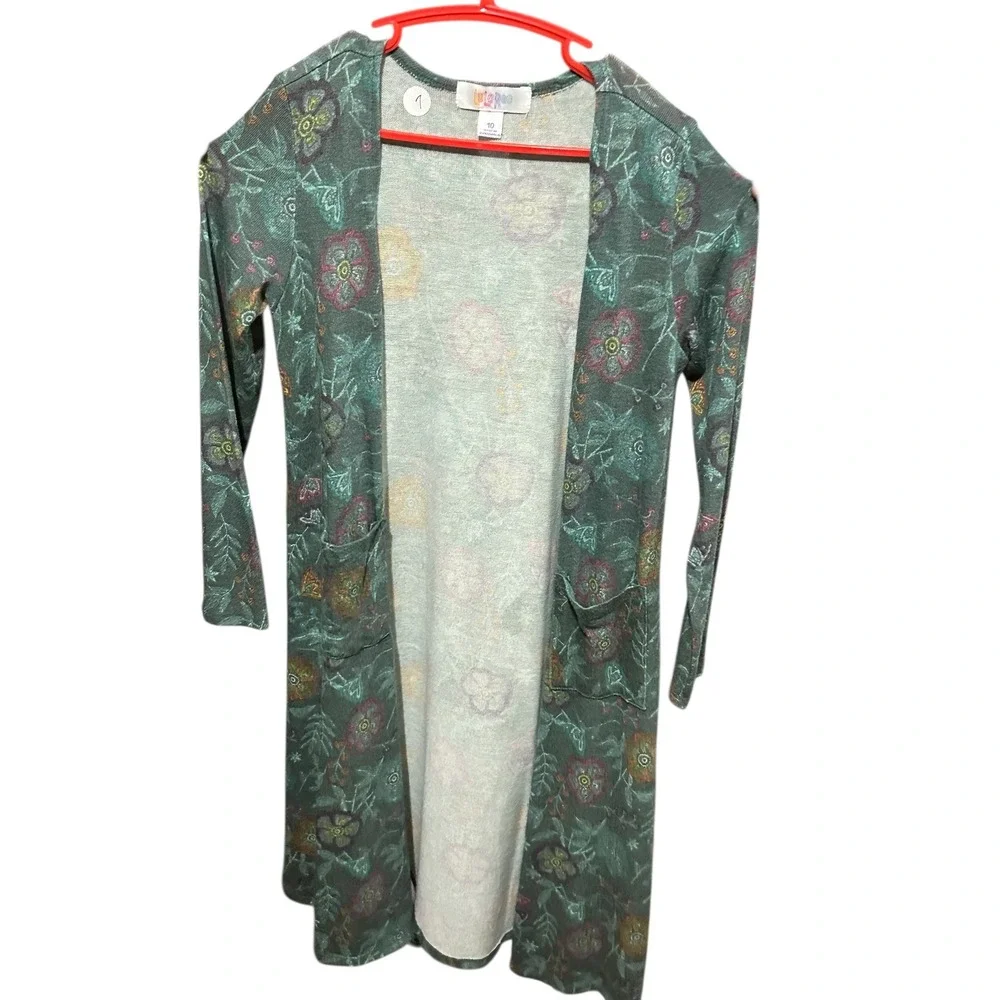 LuLaRoe Kids Girls Green Floral Cardigan Open Front Pocket Sweater‎ Sz 10
